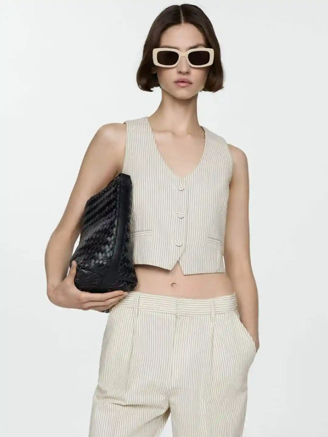 MANGO V-Neck Striped Pure Cotton Waistcoat