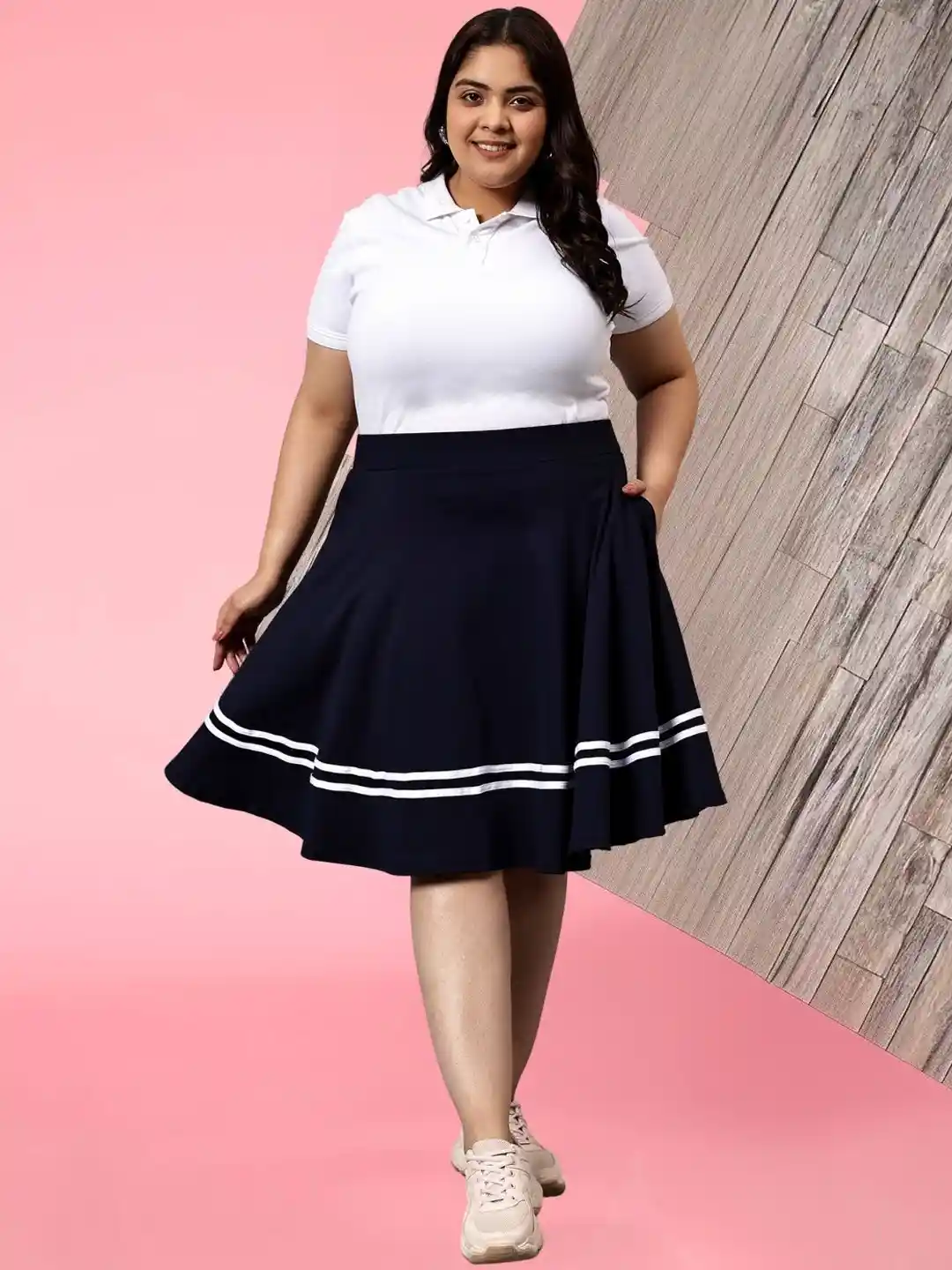 BAESD Plus Size Striped Flared Midi Skirts with Pockets