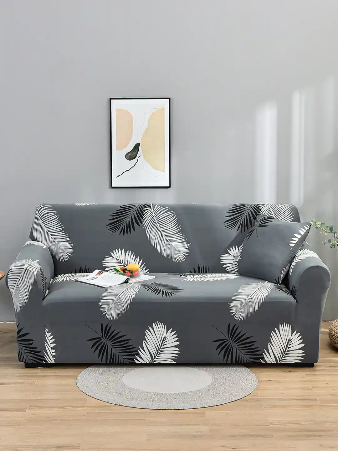 Story@home Grey White Printed Seater Stretchable Sofa Cover With Arms