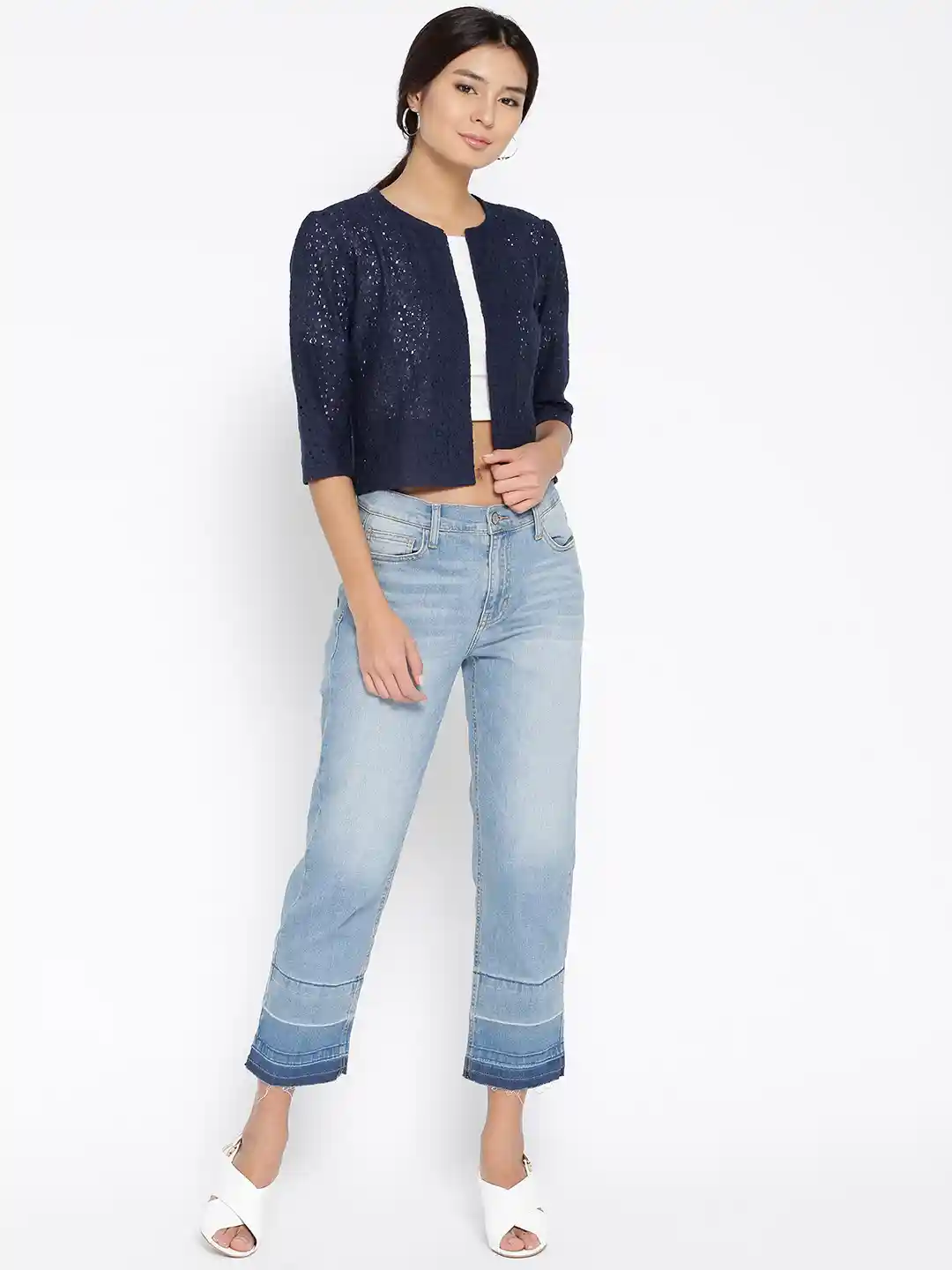 Style Quotient Navy Lace Open Front Crop Shrug