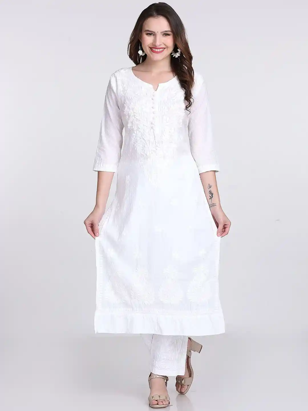 Buy KHAKA Floral Embroidered Chikankari Pure Cotton Kurti with