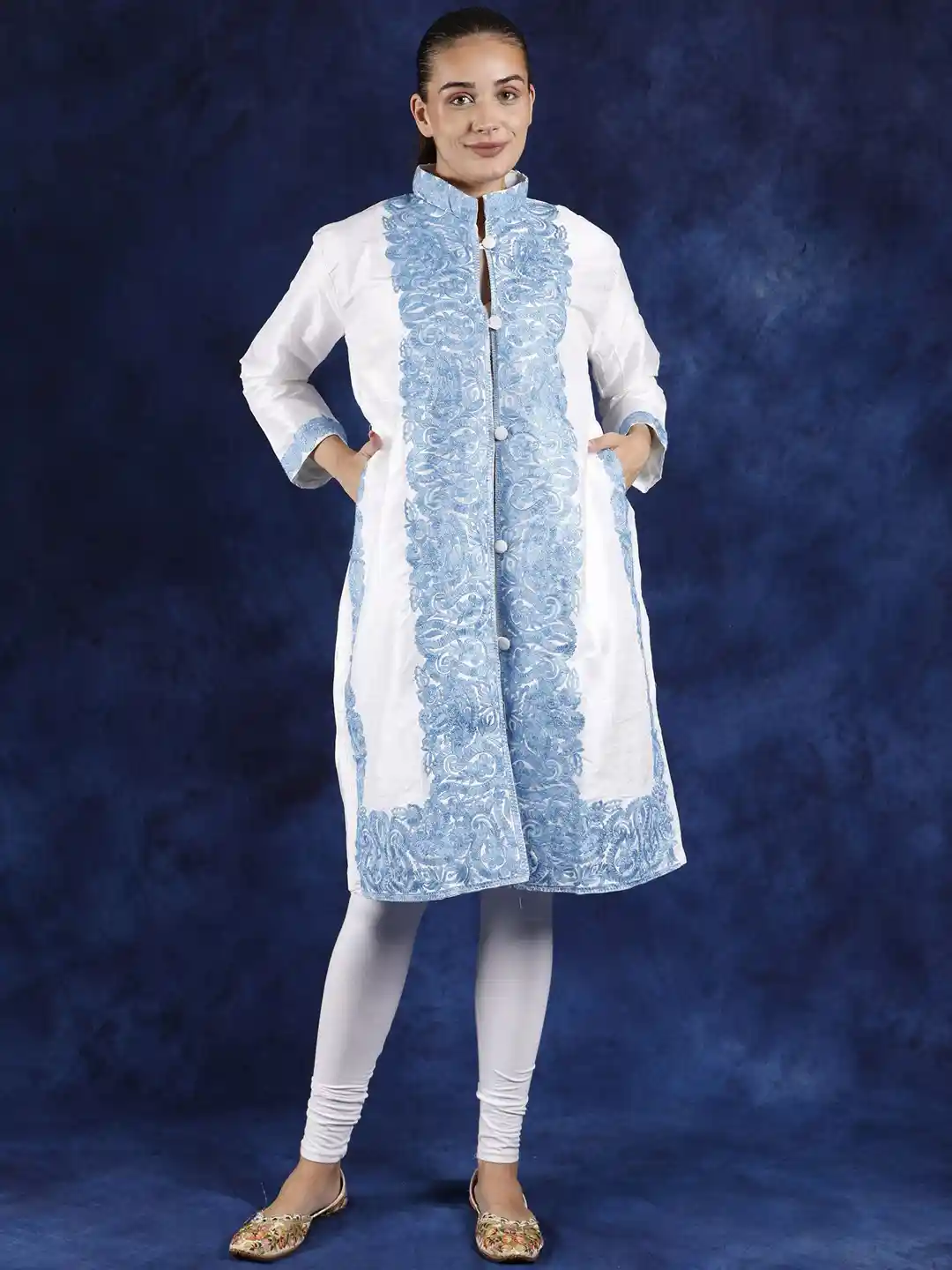 Buy Exotic India Brilliant White Kashmiri Long Jacket with Aari