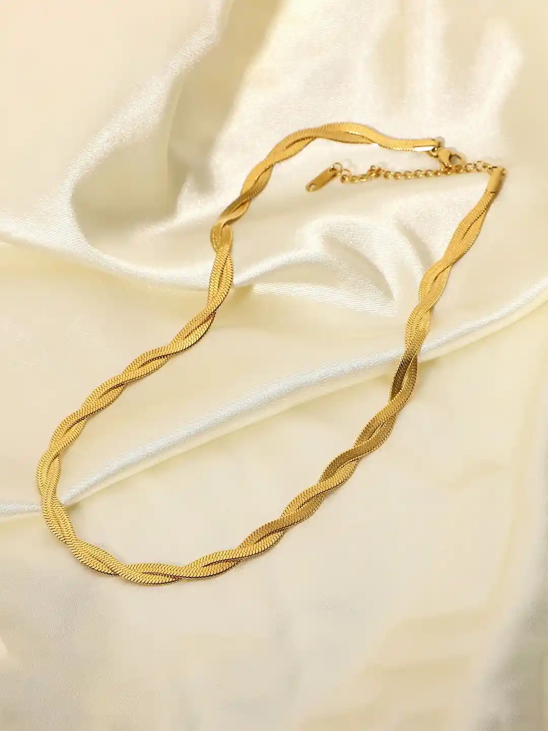 VIEN Gold-Plated Stainless Steel Twisted Herringbone Flat Snake Necklace