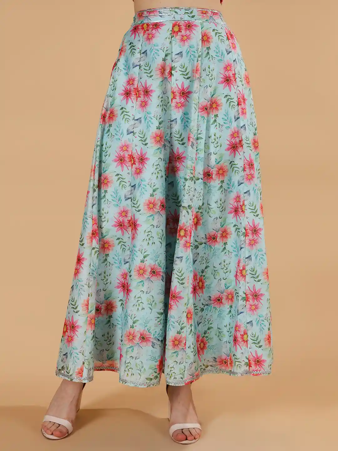 Frolic Rolic Sky Blue Floral Printed Silk Blend Maxi Skirt