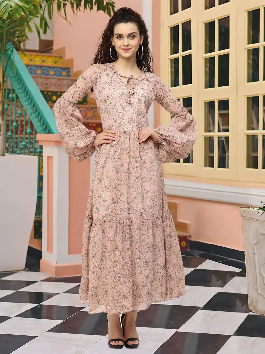 Buy MISS AYSE Women Floral Printed Puff Sleeves Tie Up Neck Maxi