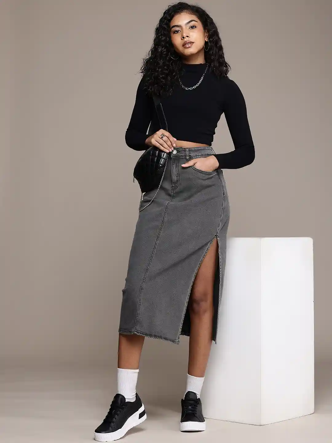 Side Slit Black Jean Skirt Long DTT Hannah Denim Maxi Skirt With