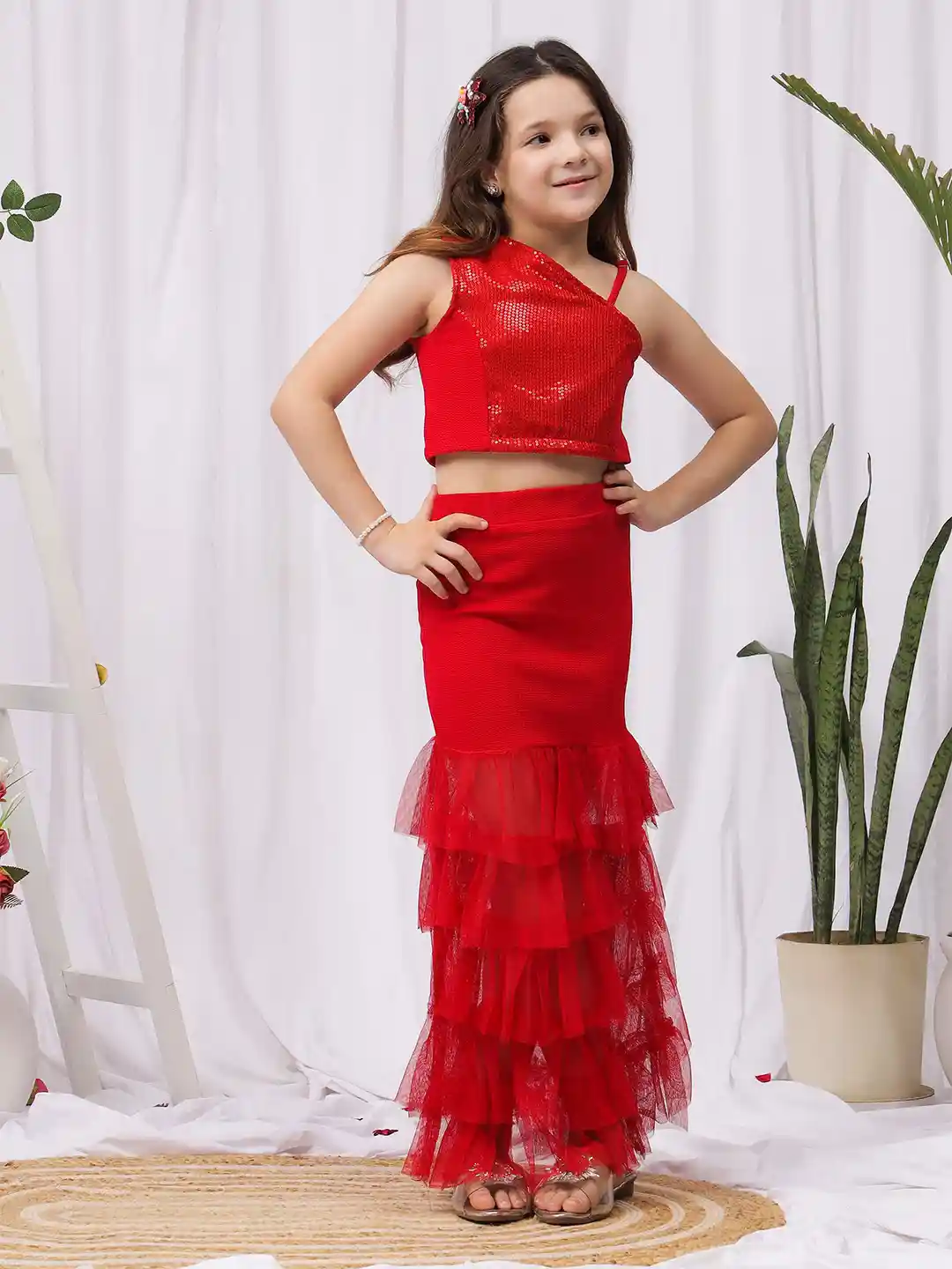 NEUDIS Girls Embellished One Shoulder Crop Top with Skirt