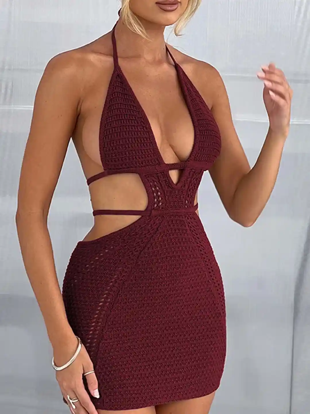 Buy LULU & SKY Maroon Halter Neck Backless Bodycon Mini