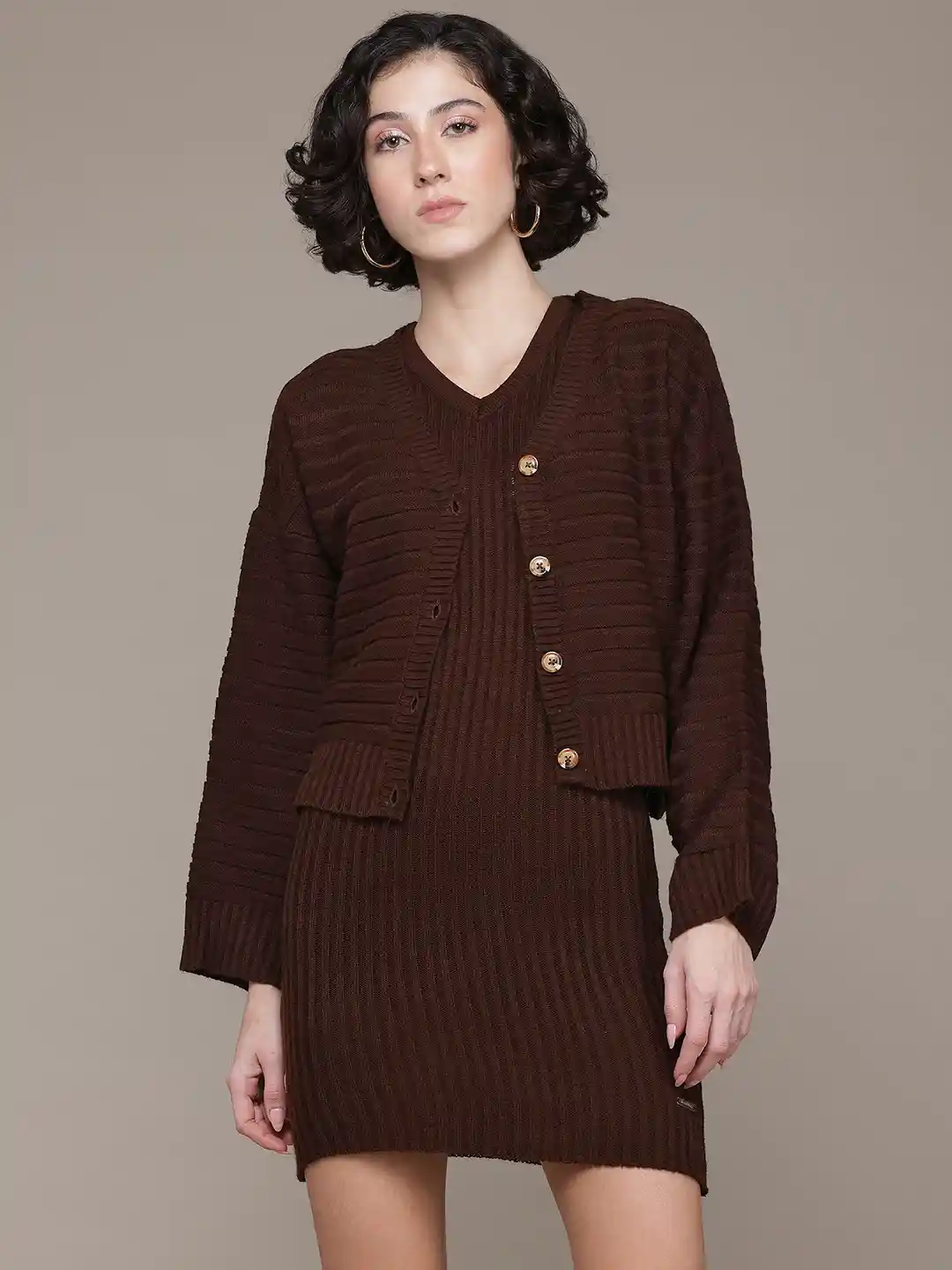 The Roadster Lifestyle Ribbed Mini Sweater Dress with Cardigan