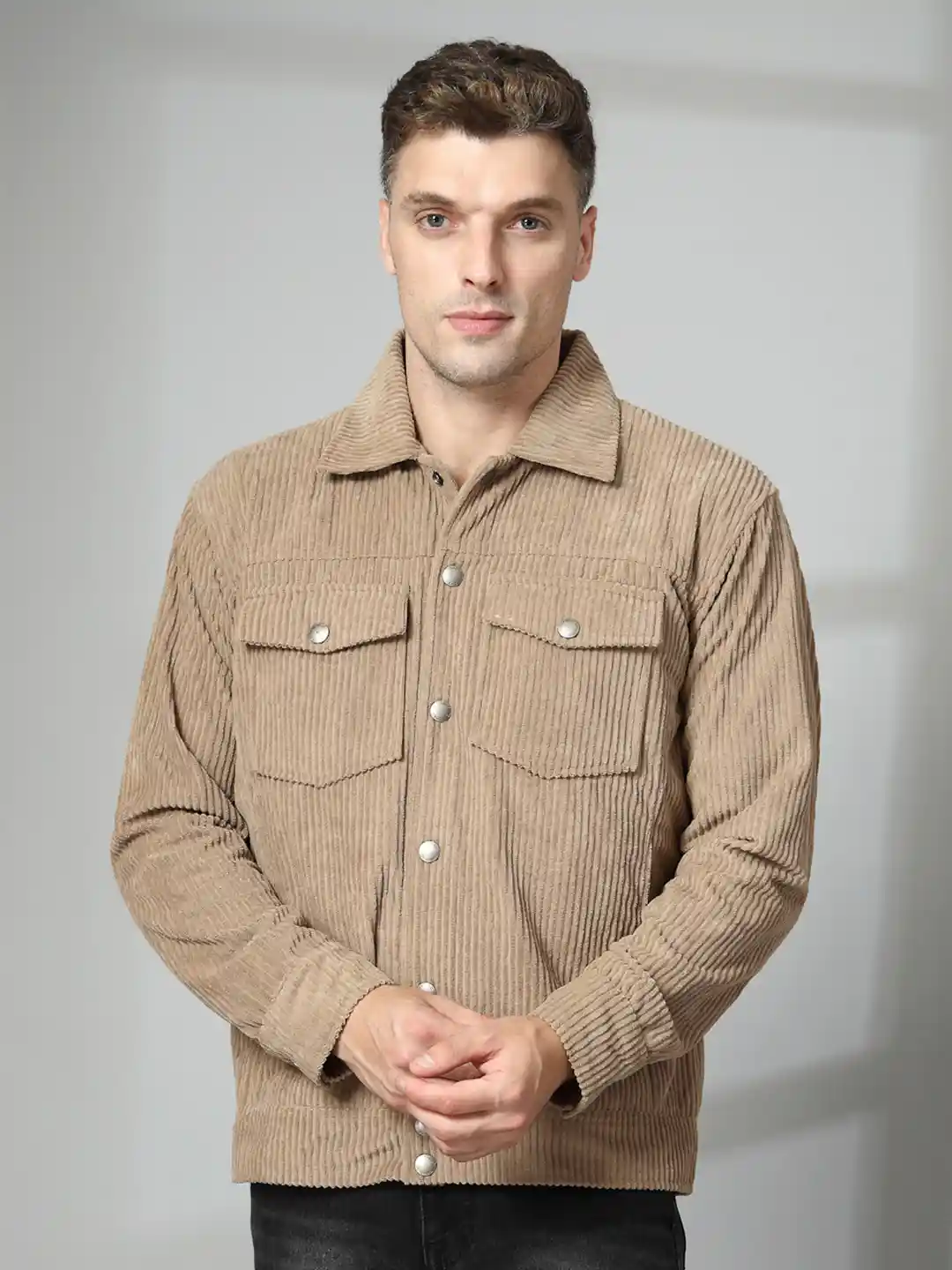 Buy CHKOKKO Men Washed Colourblocked Corduroy Crop Denim Jacket