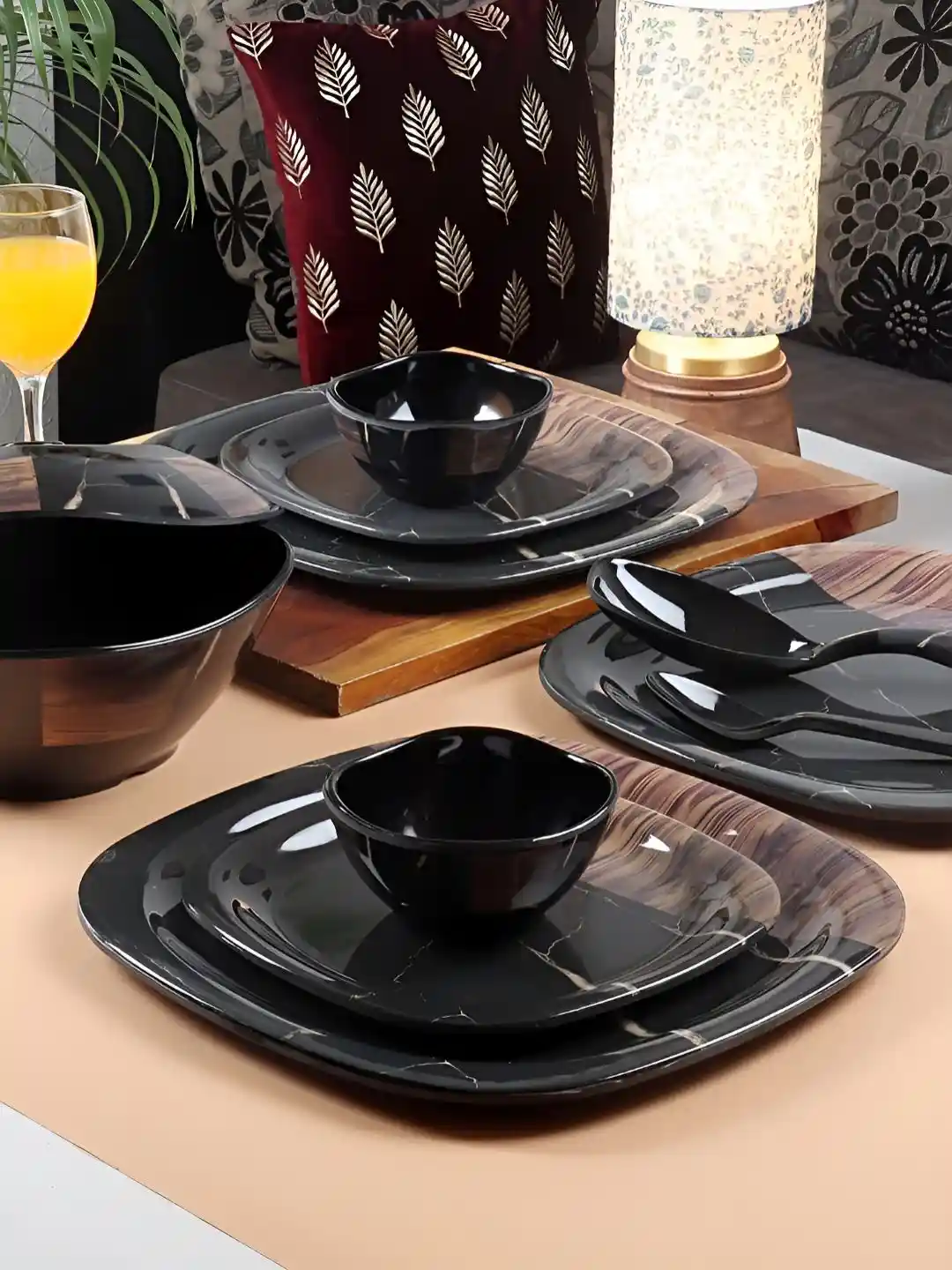 Aura Black Marble Melamine Microwave Safe 40 Piece Dinner Set