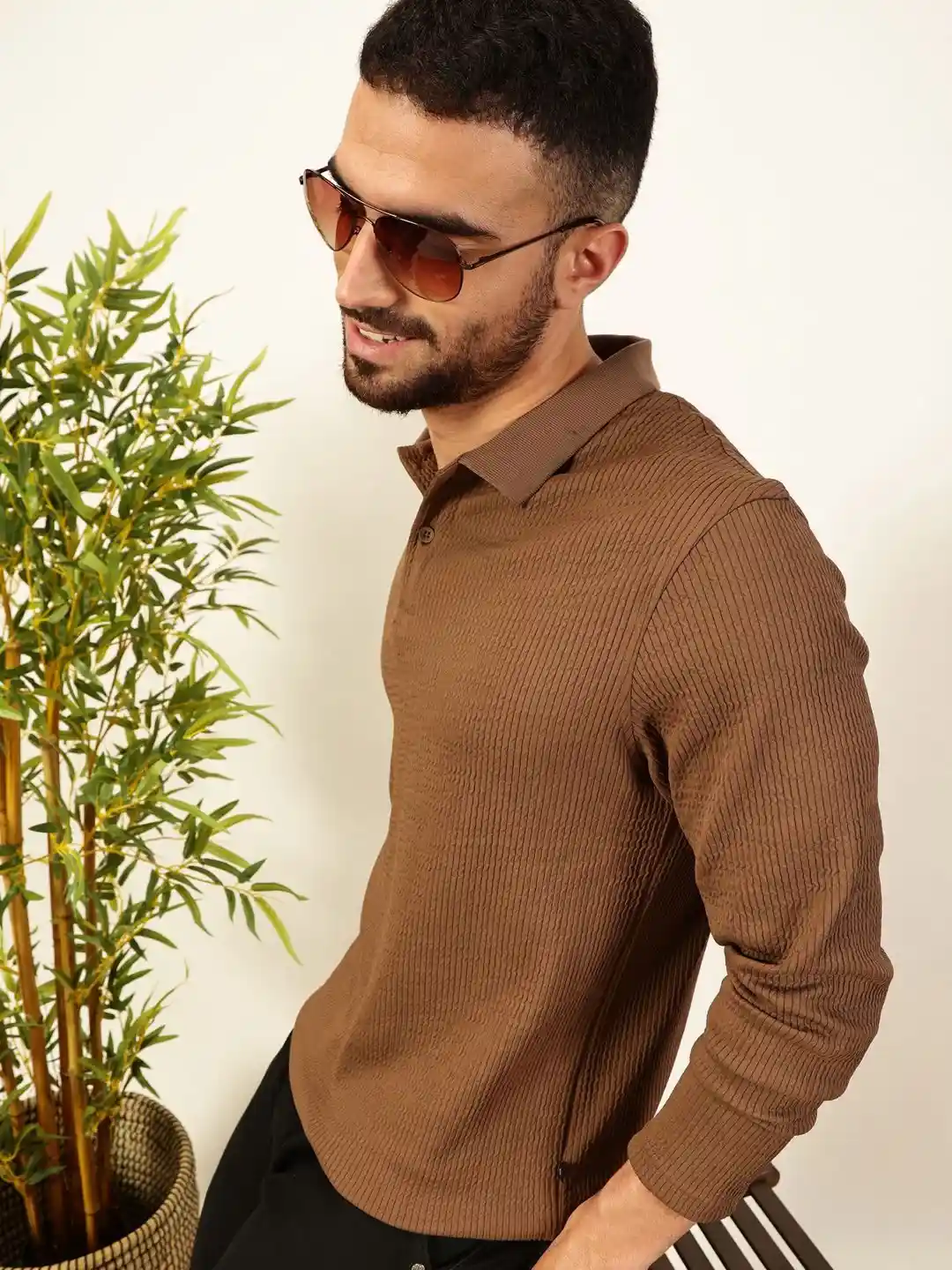 Thomas Scott Men Smart Self Design Polo Full Sleeves T-shirt