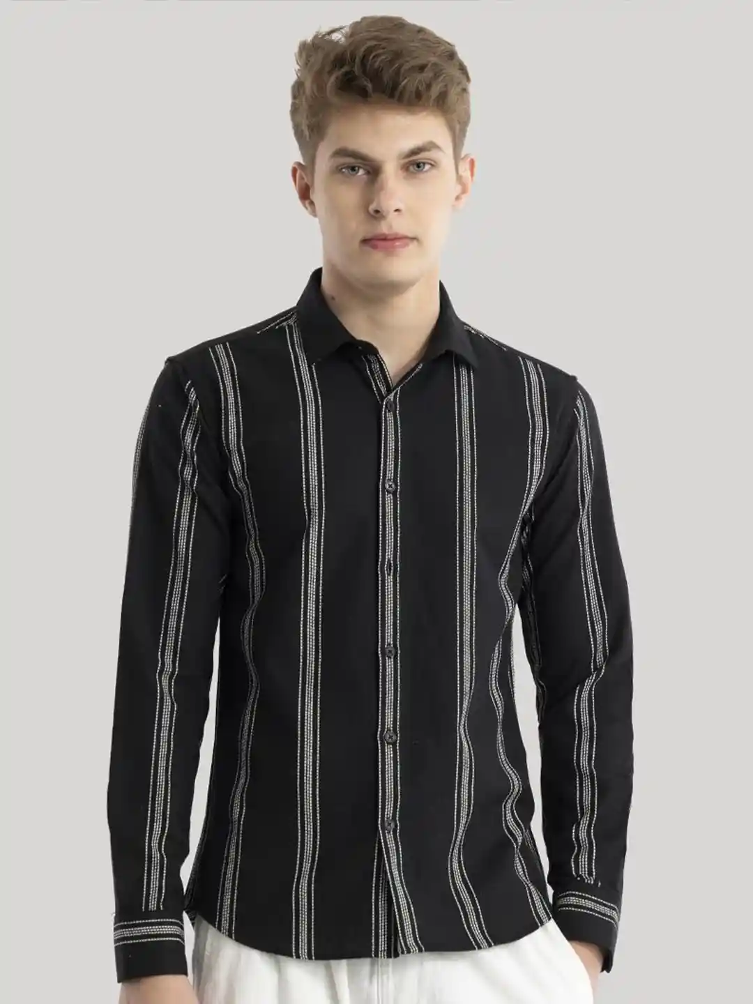 Snitch Men Classic Slim Fit Opaque Striped Casual Shirt
