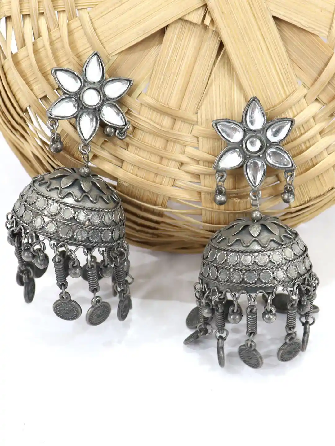 Buy VAGHBHATT German Silver Mirror Work Oxidized Jhumka Earrings