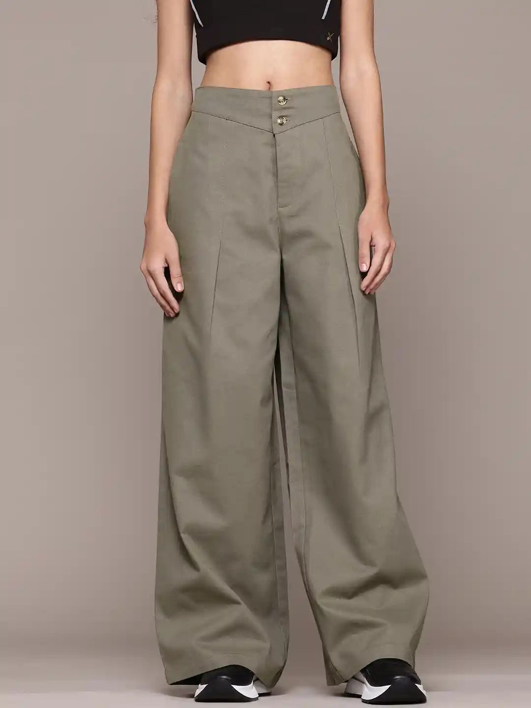 The Roadster Lifestyle Women Pure Cotton Pleated Wide Leg Trousers