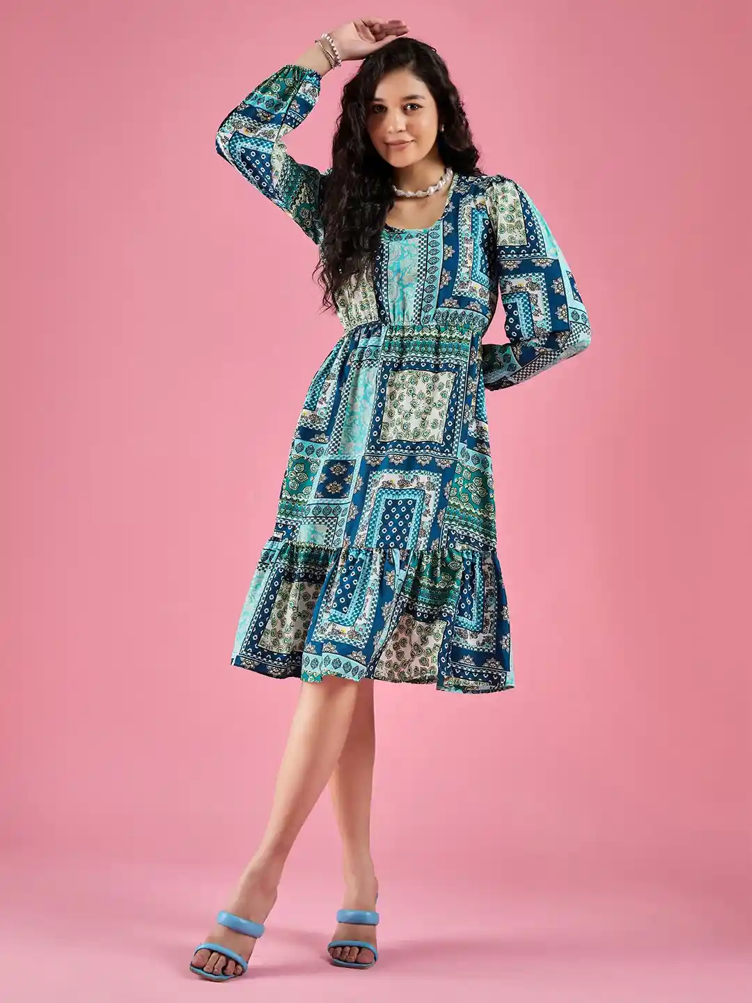 Buy DressBerry Women Printed Round Neck Puff Sleeves Fit and Flare