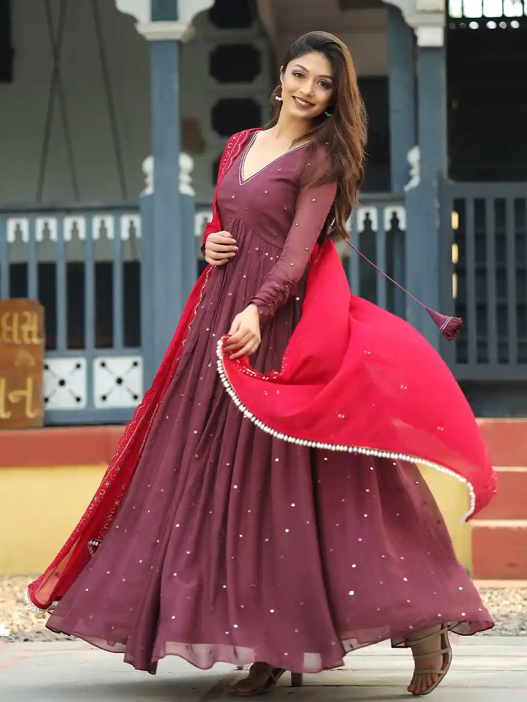 Buy Bullion Knot Fit and Flare Maxi Ethnic Dress With Dupatta