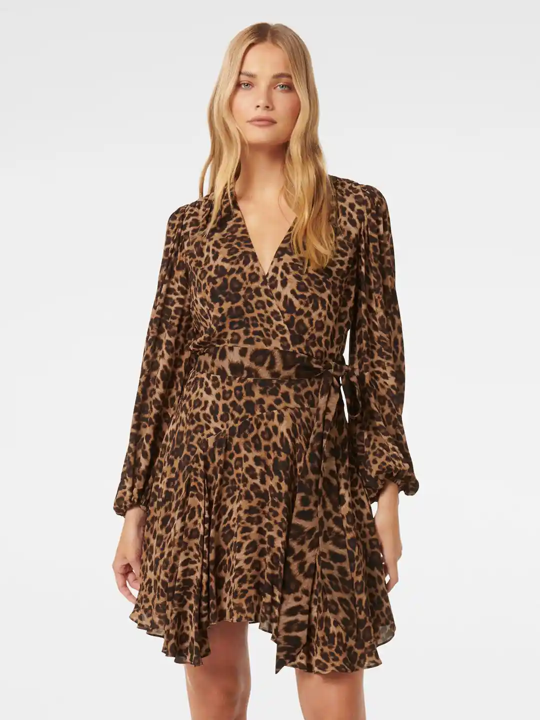 Forever New Animal Print Bell Sleeve Wrap Mini Dress