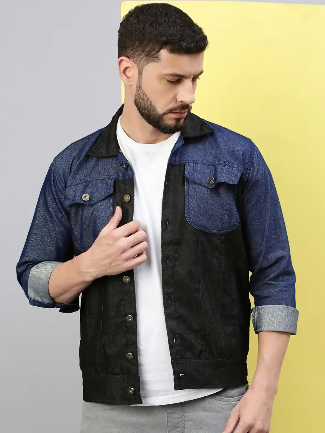 VOXATI Men Washed Checked Longline Denim Jacket