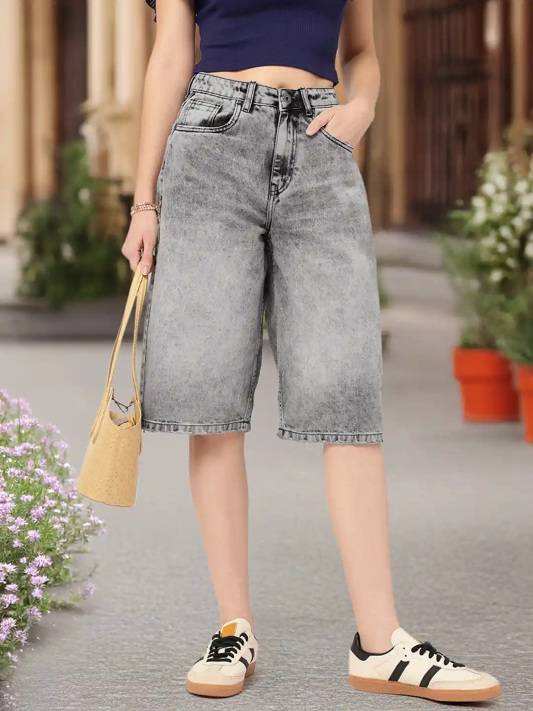 Denim Fabric Knee Length Distressed Denim Shorts Women's Blue Knee - Main Image