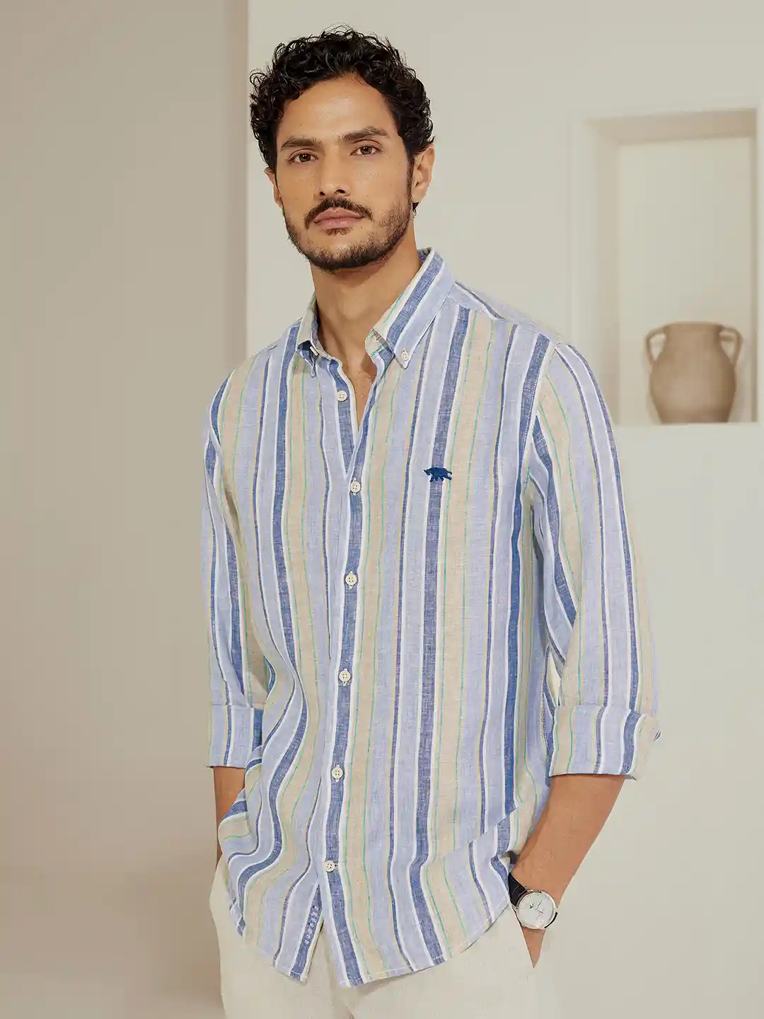 Andamen Casual Linen Men Striped Button-Down Collar Linen Shirt