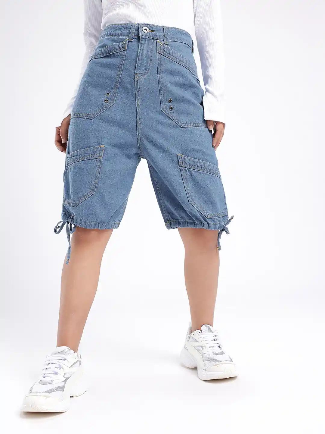 Buy DressBerry Women High-Rise Knee Length Denim Cargo Shorts