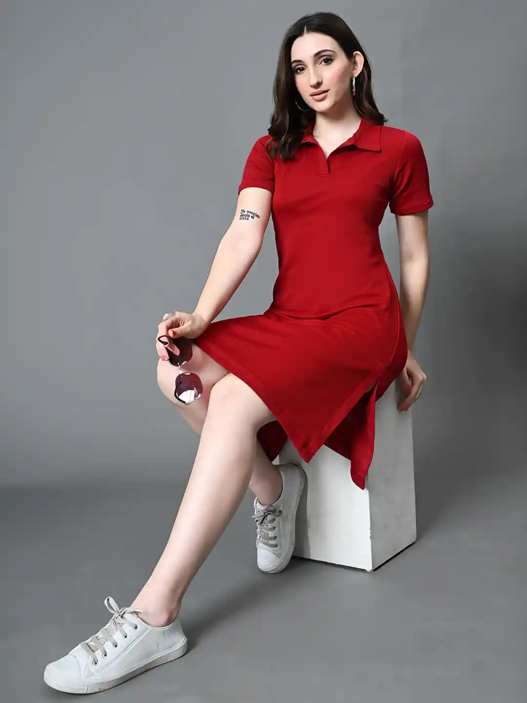 Ladies Dresses Solid T Shirt Dress Cotton Tops Knee Length T Shirt