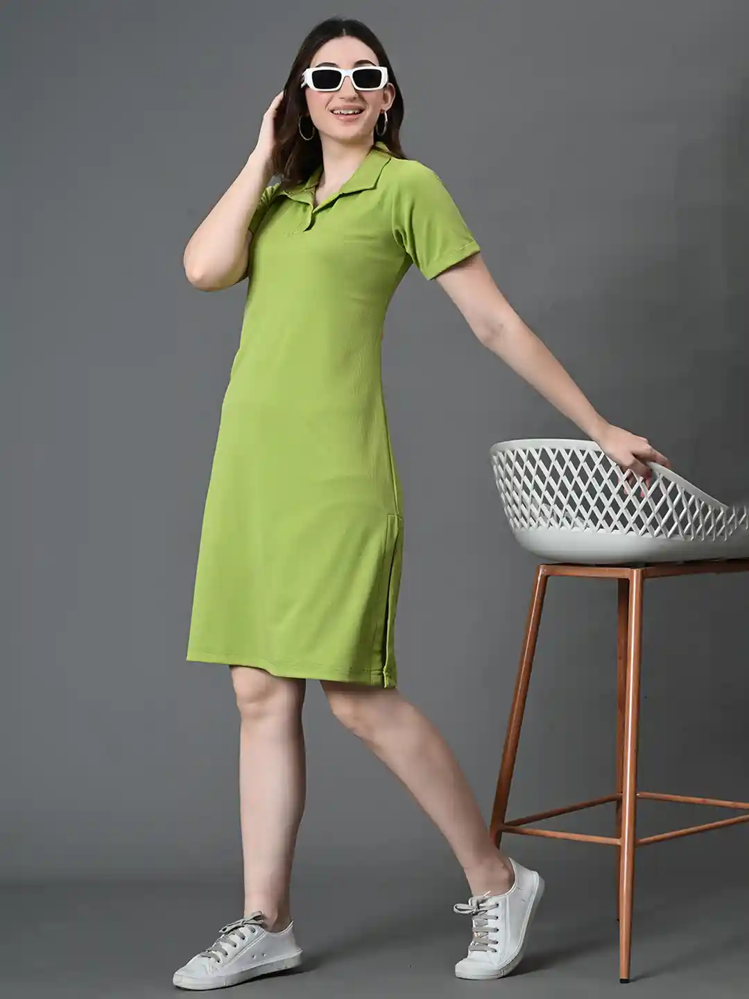 Myshka Solid Polo Collar Ribbed T-Shirt Dress