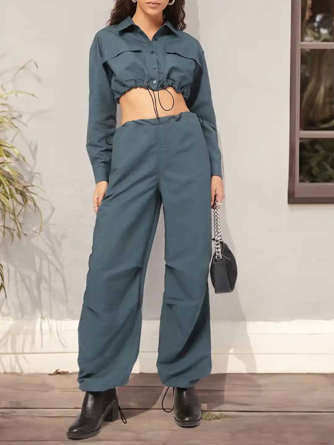 DressBerry Relaxed Crop Shirt Parachute Pants Co-Ords with Toggles