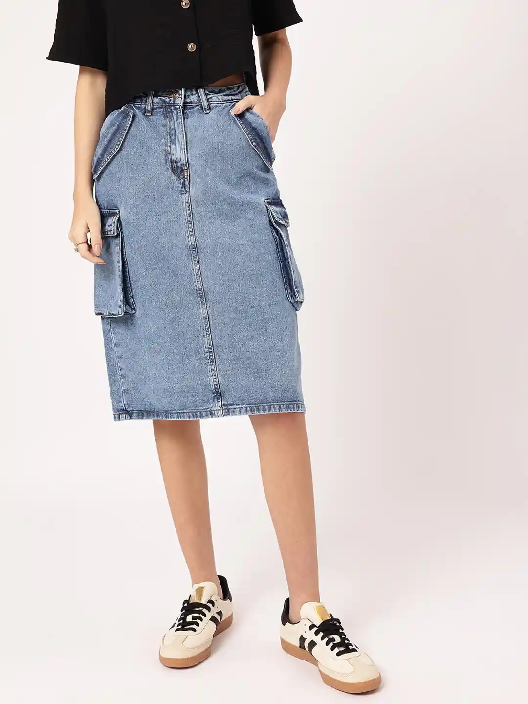 Buy DressBerry Back Slit Cargo-Style Denim Midi Skirt Skirts for