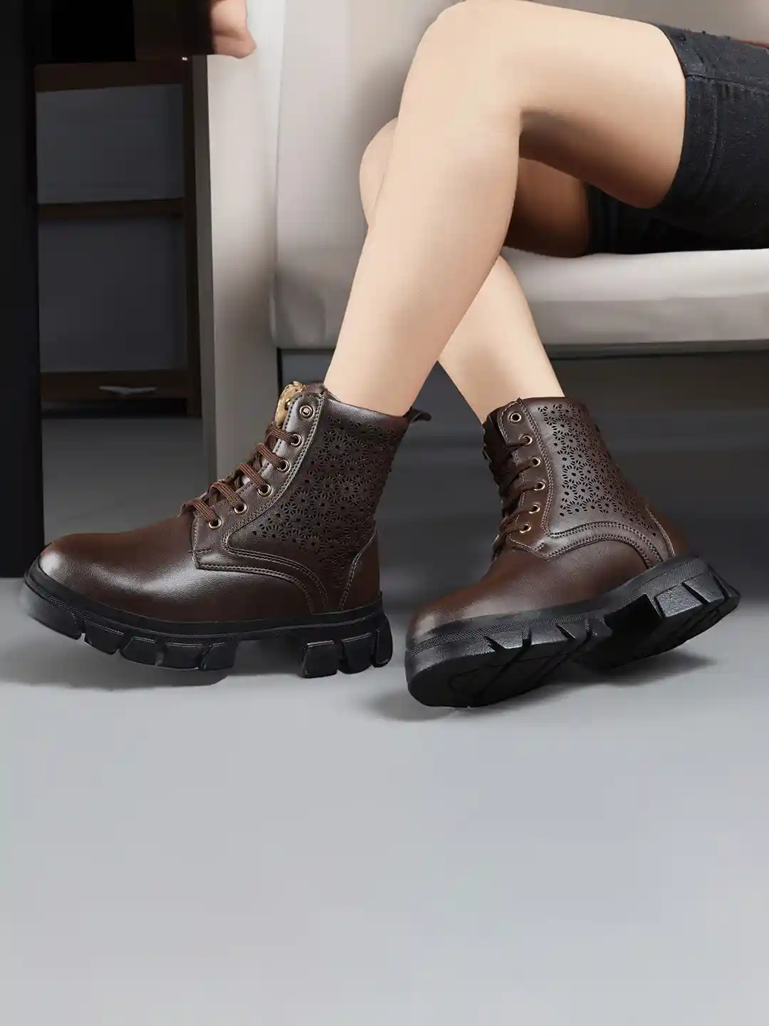 Bxxy Women Textured Platform Heel Lace-up Boots