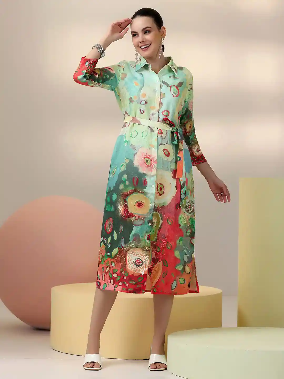 Buy Libas Abstract Printed Linen Shirt Midi Dress Dresses for