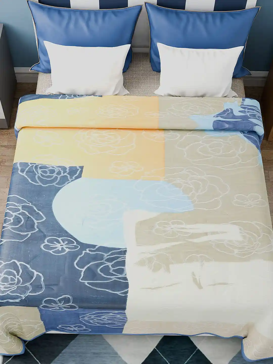 Buy Nivasam Swiss Gold Blue and Yellow Floral Double Bed Fur Super
