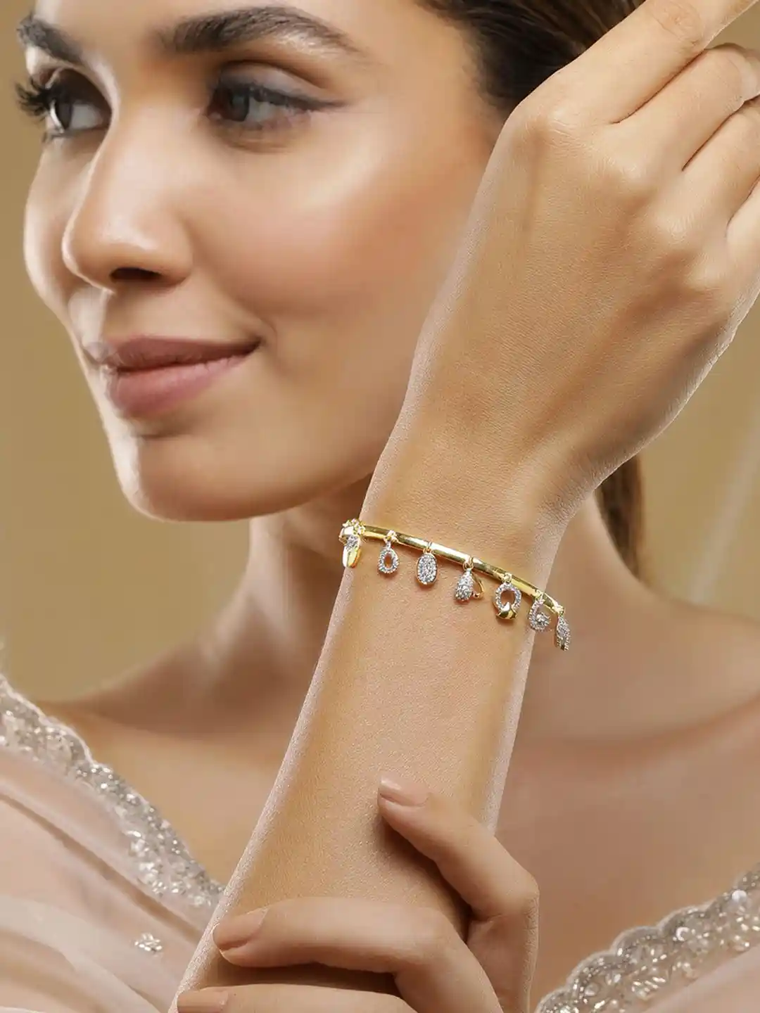 Buy Rubans 22K Gold-Plated Cubic Zirconia Studded Bangle-Style