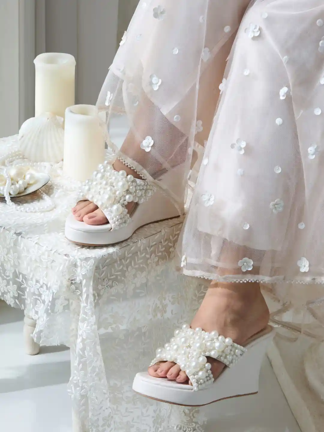 CAI Cluster Of Pearls Embellished Open Toe Wedge Heels