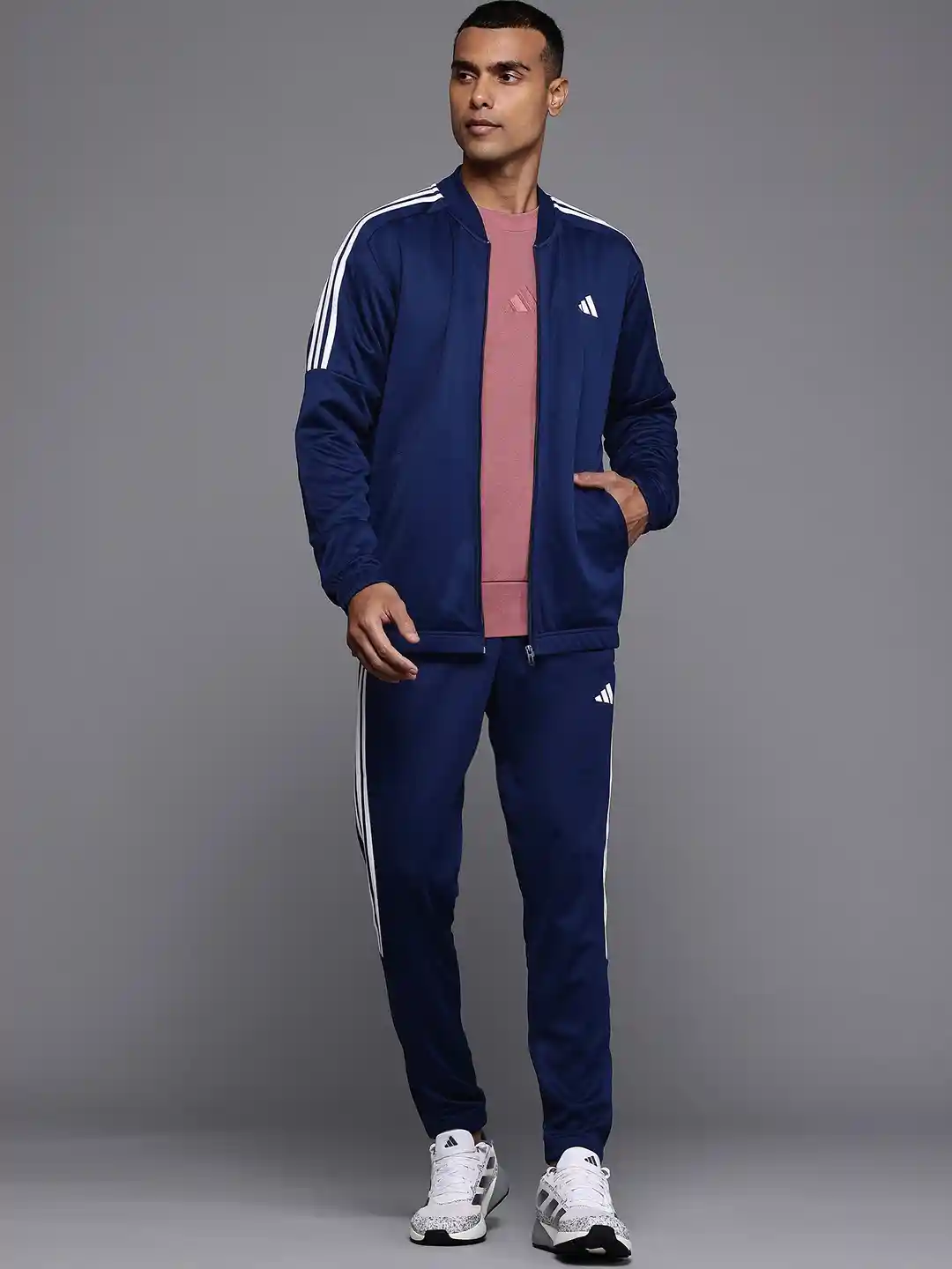 ADIDAS Striped Detail Drop-Shoulder Sleeves 3S Plain Jacket with Joggers