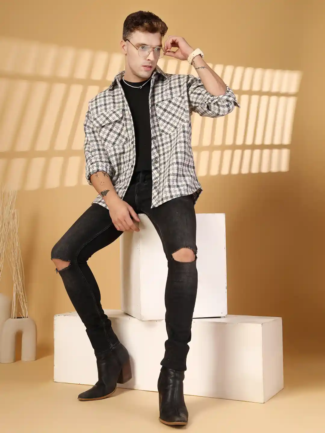 Buy CHKOKKO Men Checked Long Sleeves Winter Shacket Coats for