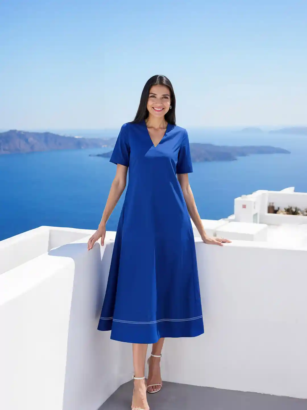 Pink Fort Women Solid V-Neck A-Line Midi Dress