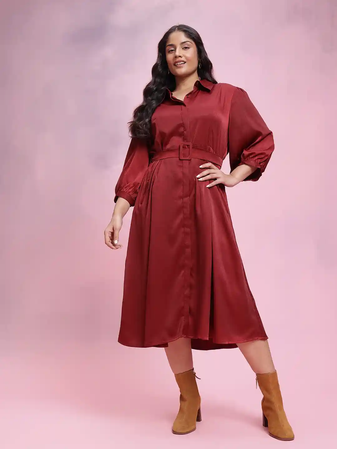 Buy DressBerry Curve Plus Size Sheen Finish Shirt Dress with Belt