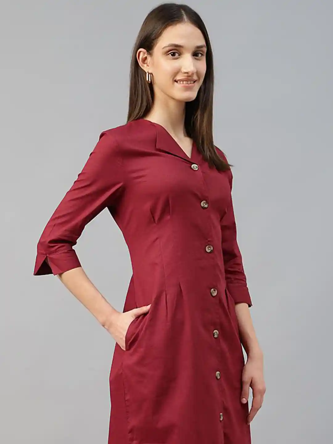 Hancock Women Solid Linen Three-Quarter Sleeves Formal Knee Length Shirt  Dress