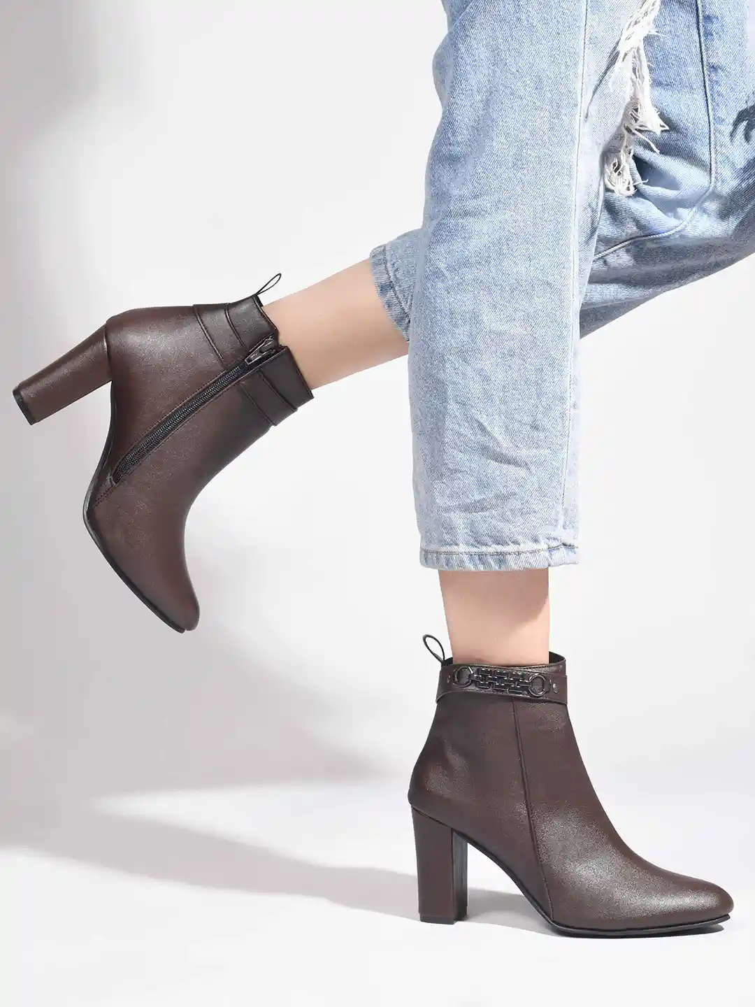 SHUZ TOUCH Women Mid Brown Ankle Length Block Heel Regular Boots