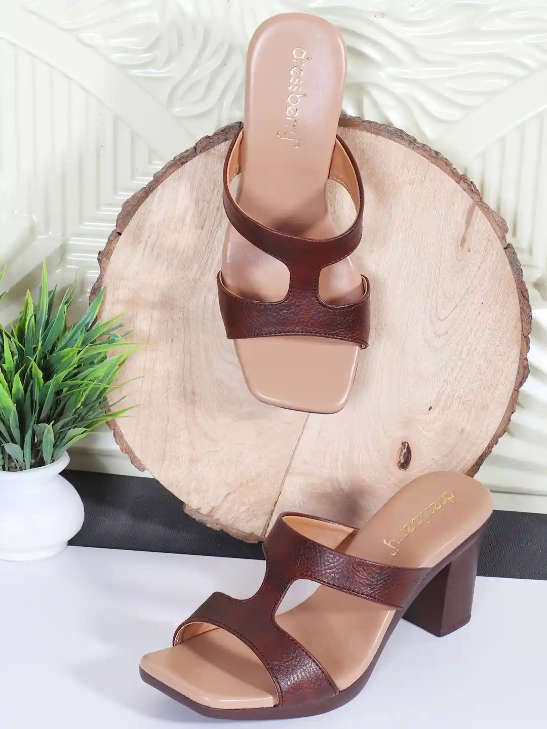 Buy DressBerry Women Brown Leather Comfort Block Heel Sandals