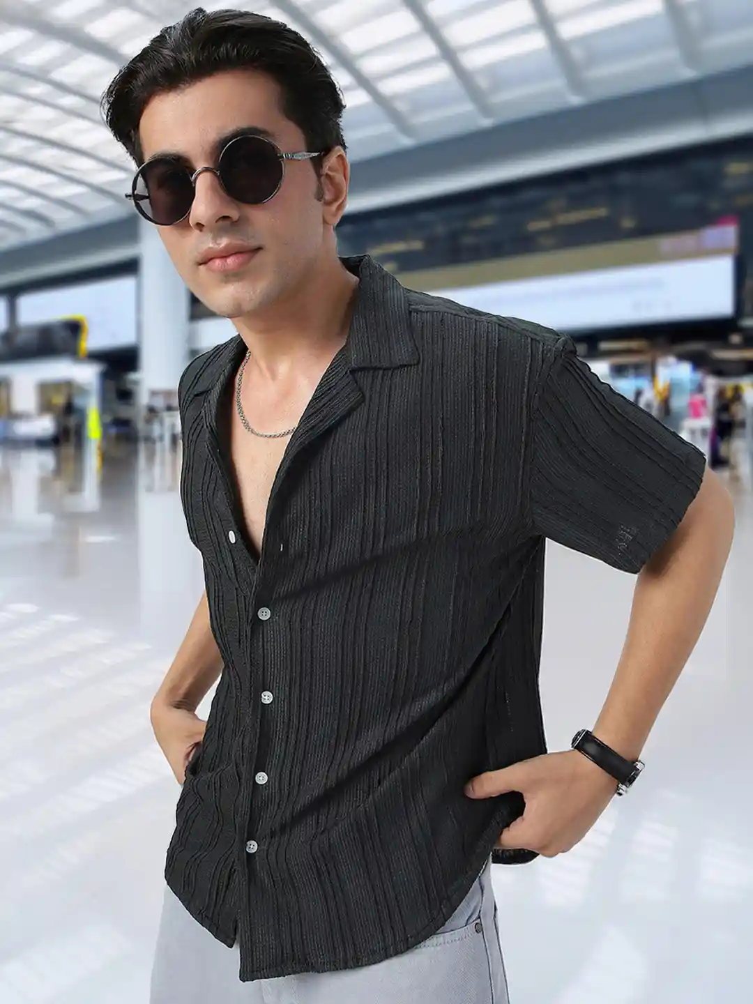 Buy Urbano Fashion Men Cuban Collar Textured Cotton Casual Shirt