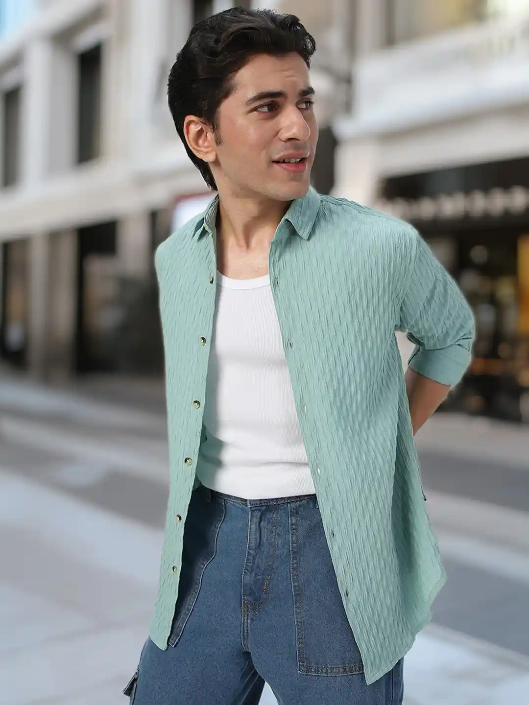 Urbano Fashion Men Spread Collar Textured Cotton Casual Shirt