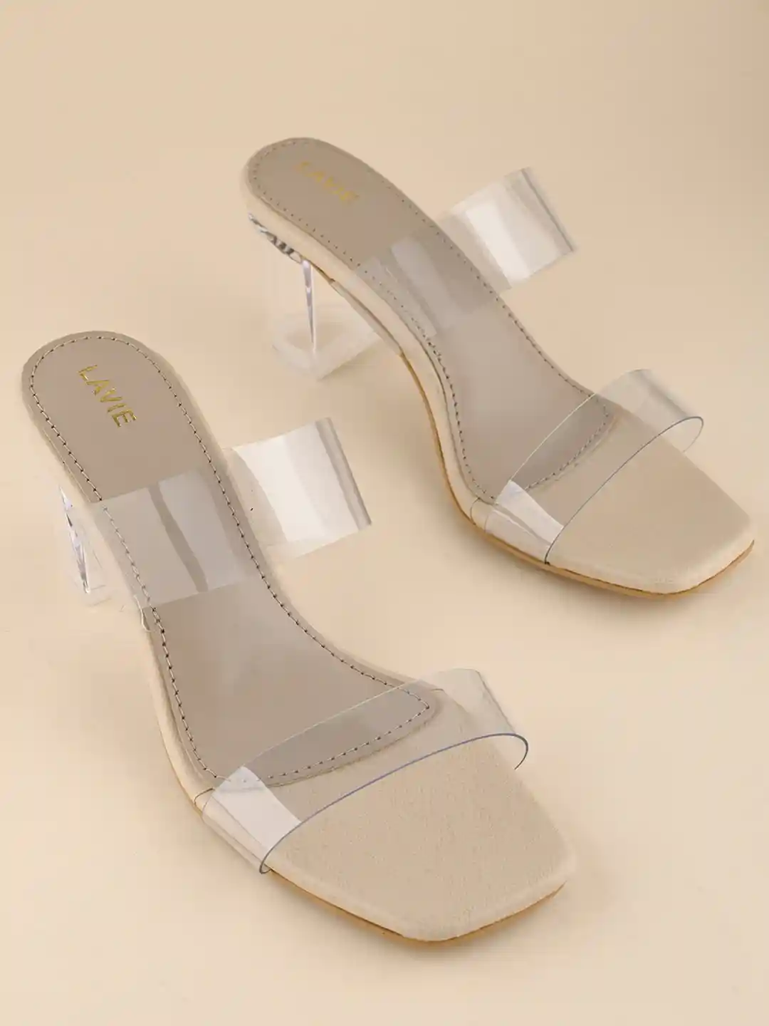 Women Beige Colour Open Toe Glass Block Heels