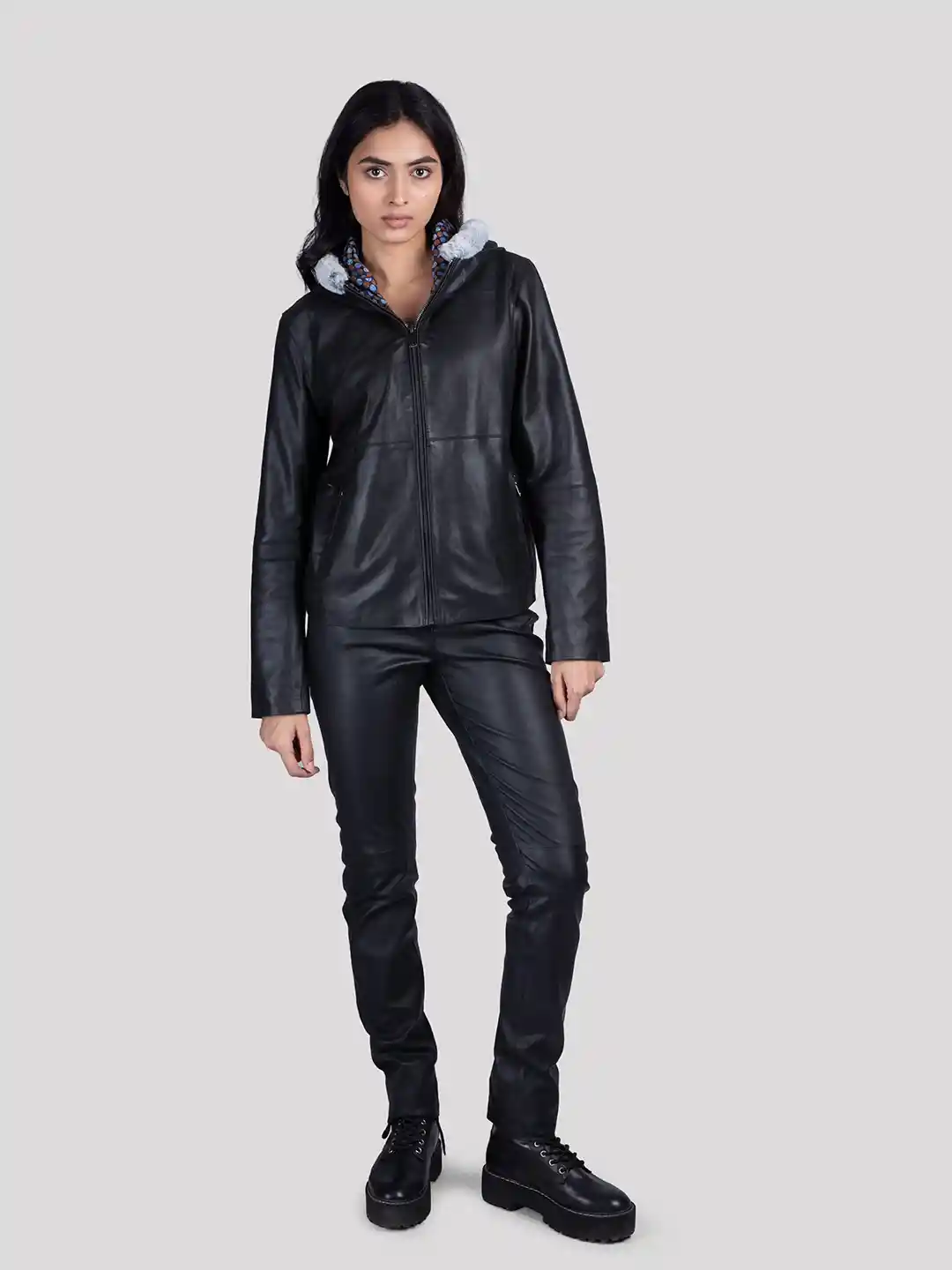 HUE HIDE Women Solid Hooded Leather Jacket