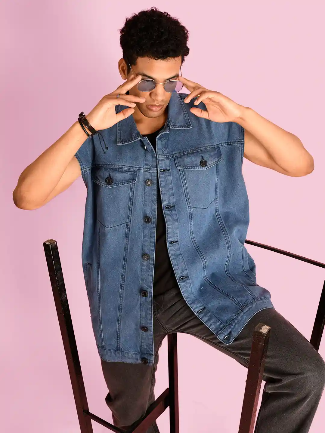 Oversized Jean Jacket Men's Solid Blue Oversized Denim Jacket With
