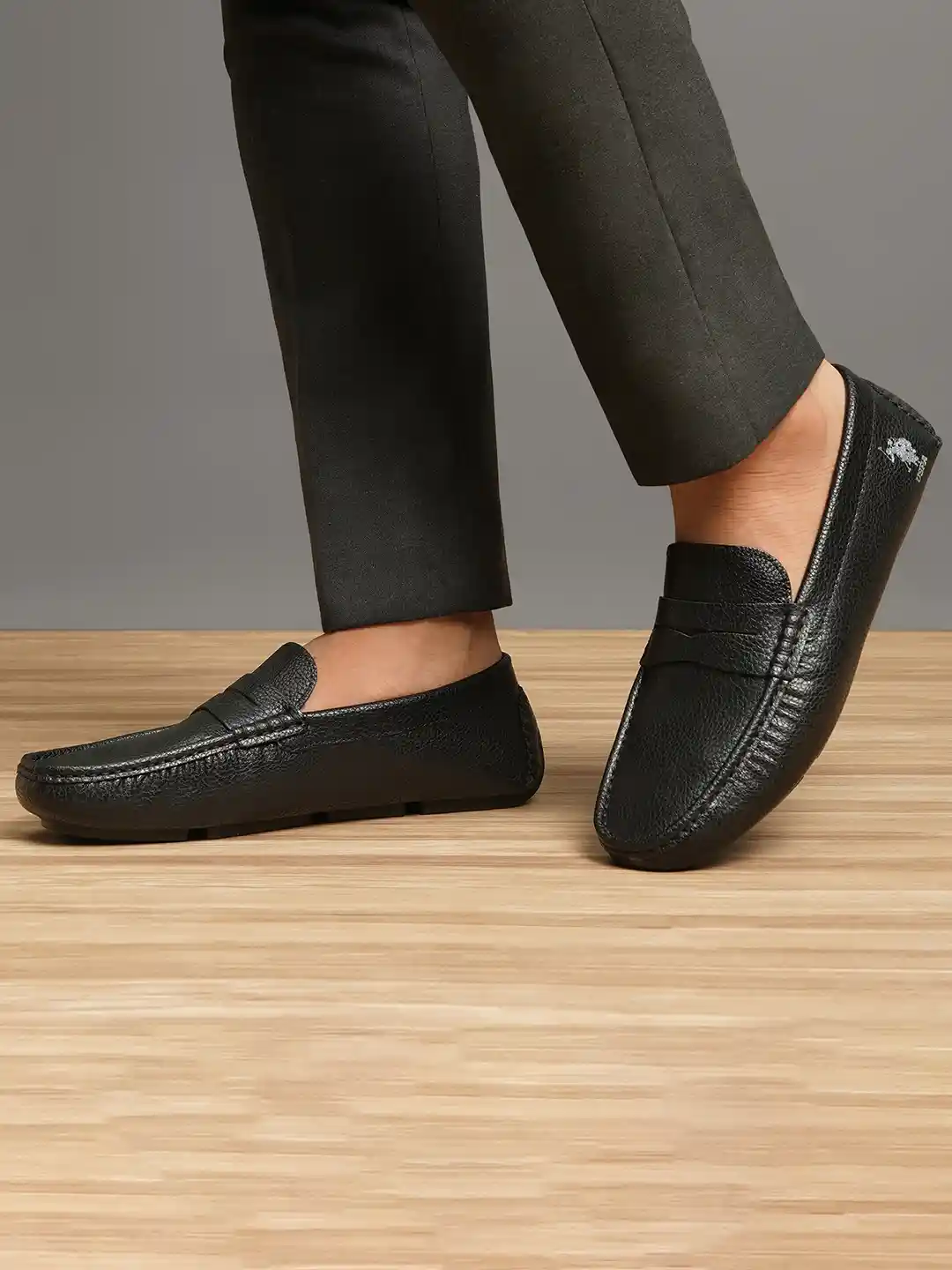 Buy Polo Men PU textured loafers with Embroidery