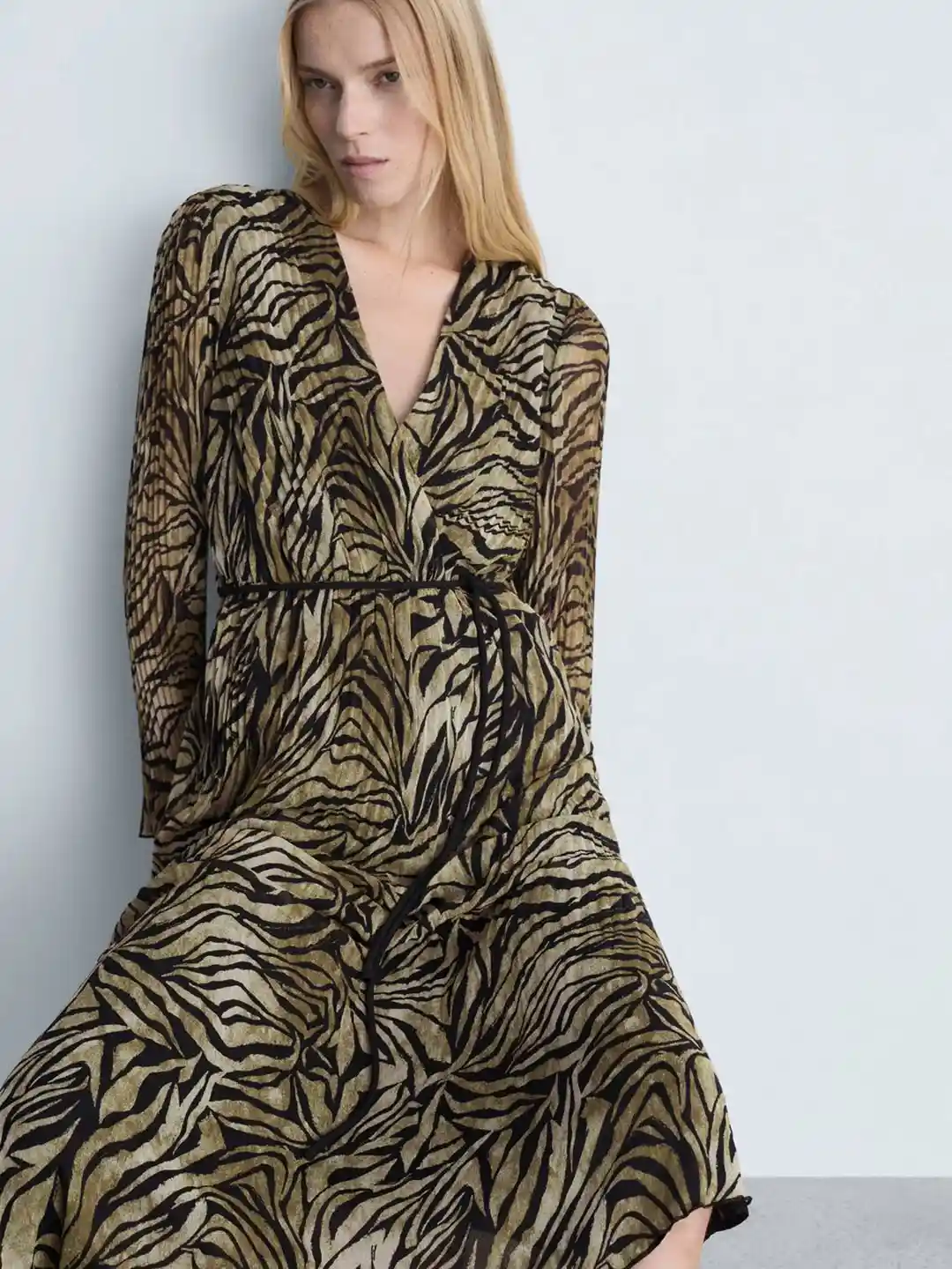 MANGO Animal Print Midi Pleated Wrap Dress