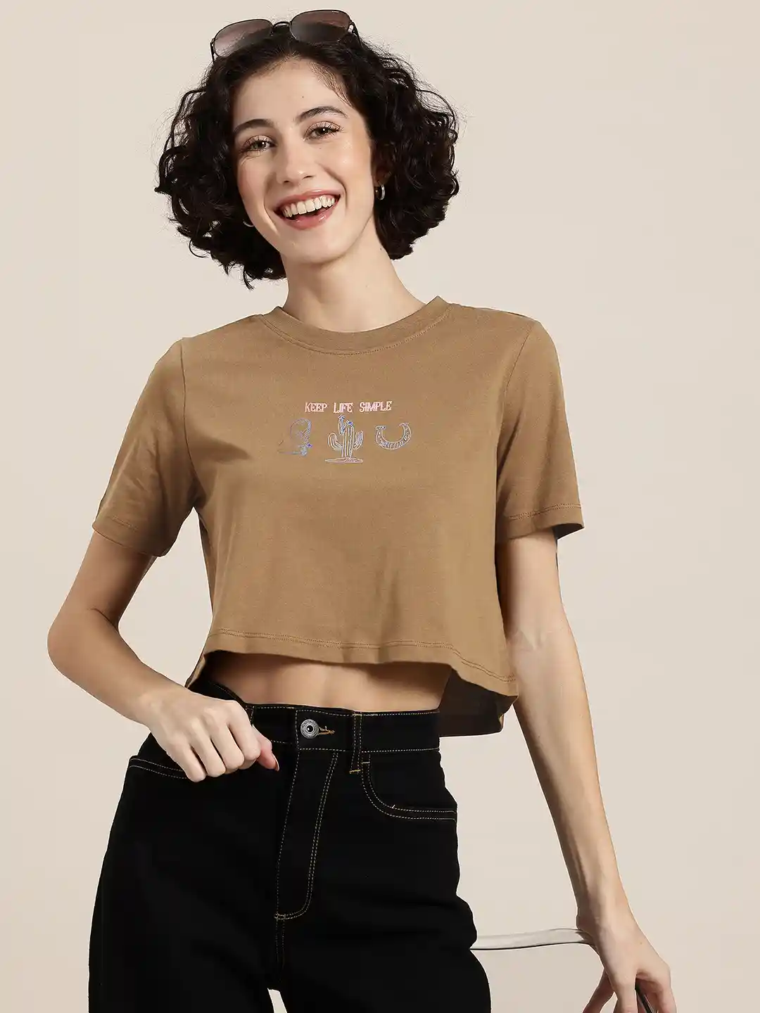 HERE&NOW Rodeo Romance Typography Print Pure Cotton Crop T-shirt